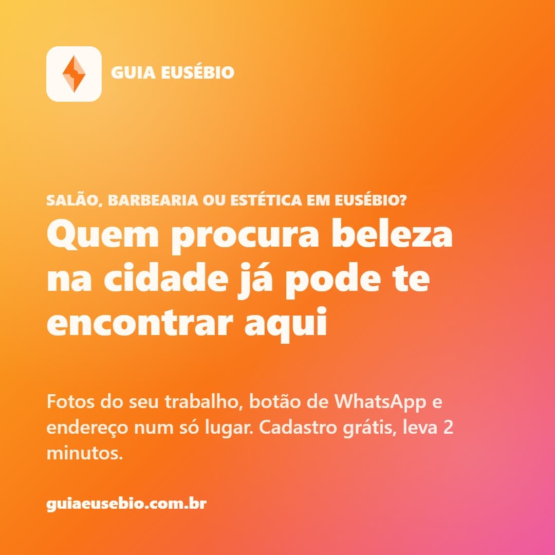Você tem salão, barbearia ou espaço de estética em Eusébio? 💇‍♀️💈

O Guia Eusébio é o novo espaço pra quem já procura serviço de beleza na cidade encontrar você — com fotos do seu trabalho, WhatsApp direto e localização, tudo num perfil só.

✅ Cadastro grátis
✅ Leva 2 minutos
✅ Sem comissão, sem mensalidade

Cadastre seu negócio agora — Clique em Saiba mais.

#GuiaEusebio #Eusebio #EusebioCE #CearáLocal #ComércioLocal #EmpreendedorismoLocal #NegócioLocal #DivulgaçãoGrátis #CearáEmpreende #SalãoDeBeleza #Barbearia #Estética
